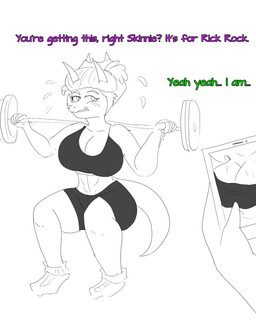 3_horns 5_fingers abs anthro athletic athletic_anthro athletic_female barbell barbell_squats big_breasts blush blush_lines bottomwear bra breasts cellphone cleavage clothed clothing curvy_figure dialogue duo electronics exercise facial_horn female fingers footwear frill_(anatomy) horn long_tail male midriff monochrome_body multi_horn nose_horn phone recording shoes shorts smartphone sneakers snout sports_bra tail text thick_thighs underwear voluptuous voluptuous_anthro voluptuous_female weightlifting wide_hipped_anthro wide_hipped_female wide_hips workout workout_clothing arsenic_iii cavemanon_studios goodbye_volcano_high ko_op_(game_developer) snoot_game anon_(snoot_game) trish_(gvh) ceratopsian ceratopsid chasmosaurine dinosaur human mammal marginocephalian ornithischian prehistoric_species reptile scalie triceratops 2025 4:5 english_text hi_res sketch