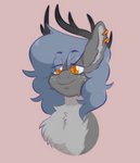 amber_eyes ambiguous_gender antlers black_antlers blue_mane ear_piercing eyebrow_through_hair eyebrows feral freckles fur grey_body grey_fur hair horn mane piercing solo translucent translucent_hair liquidrat grxy deer mammal new_world_deer reindeer 2021 bust_portrait portrait shaded signature