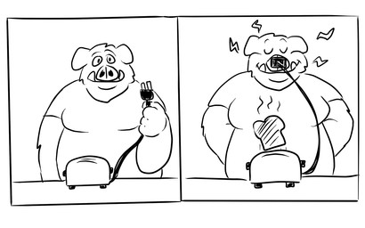 anthro appliance bread food humor kitchen_appliance male smile solo toast toaster gator_(artist) mammal suid suine sus_(pig) wild_boar 16:10 hi_res monochrome widescreen