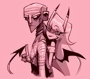 2_horns bald duo eyelashes female gesture hair hand_gesture hand_on_shoulder horn long_hair looking_at_another looking_at_viewer looking_back looking_back_at_another male membrane_(anatomy) membranous_wings not_furry raised_finger raised_index_finger spade_tail tail wings bigdad hellaverse helluva_boss finn_talbert_(bigdad) kiki_(helluva_boss) demon demon_humanoid human humanoid mammal succubus 2025 monochrome