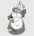 anthro apron biped black_clothing black_dress blue_eyes breasts brown_hair brush clothing collar dress ear_piercing eyewear female glasses hair holding_brush holding_object holding_rag maid_apron maid_headdress maid_uniform piercing red_collar simple_background slightly_chubby smile solo standing uniform wearing_glasses white_apron white_background white_clothing white_sclera grindavikbydaylight domestic_cat felid feline felis mammal