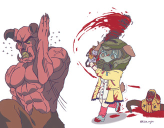 blood blood_on_clothing blood_on_footwear blood_on_head blood_on_weapon bodily_fluids chainsaw clothing conflicting_stereotype death decapitation female flying_sweatdrops footwear gore group headgear holding_chainsaw holding_object holding_power_tool holding_tool horn male motion_lines motion_outline motion_trail muscular path_lines power_tool scared severed_body_part severed_head simple_background sweat sweatdrop tools trio vein weapon white_background x_eyes yellow_clothing kukie_nyan doom_(series) hololive id_software jojo's_bizarre_adventure microsoft vtuber inugami_korone animal_humanoid canid canid_humanoid canine canine_humanoid demon dog_humanoid humanoid mammal mammal_humanoid meme