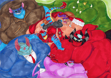 5_fingers accessory air_inflation air_puff angry anthro arm_grab bald barefoot bat_ears belly belly_expansion big_belly big_ears big_muscles big_pecs blue_body body_inflation bottomwear bracelet burp_cloud burping cheek_tuft chest_grab chest_tuft claws clothed clothing collar crown expansion eyebrows eyewear facial_tuft fangs fat_face feet finger_claws fingers foot_on_face foot_on_shoulder for_a_head forced forced_inflation frown fur goatea green_body grey_body group grumpy hair hairless happy hat headgear headwear hoodie horn huge_belly huge_muscles huge_pecs hyper hyper_belly hyper_inflation hyper_muscles hyper_pecs immobile inflated_limbs inflation jacket jewelry leather leather_clothing leather_hat leather_headgear leather_headwear leather_jacket leather_topwear male male/male mohawk moobs muscular mutton_chops necktie obese obese_male open_mouth overweight overweight_male pants pecs pink_body pointy_ears ponytail purple_body raised_clothing red_body regret scales scowl sharp_teeth shoulder_grab sleeveless_clothing sleeveless_hoodie smile spherical_inflation spiked_bracelet spiked_collar spikes striped_body stripes stuck stuck_together suit suit_jacket sunglasses sunken_head sunken_limbs swollen_belly swollen_cheeks tail tail_tuft tan_body teeth text thick_arms thick_neck tight_clothing tongue tongue_out topwear tuft tusks vest yellow_body rubydragon03 disney lilo_and_stitch mario_bros nintendo sega sonic_the_hedgehog_(series) bebop bowser king_koopa rakeesh sonar_(dispatch) stitch_(lilo_and_stitch) the_deadly_six zavok zazz alien animal_head animal_humanoid bat demon half_human humanoid kobold mammal monster scalie zeti 2026 english_text hi_res marker_(artwork) shaded signature traditional_media_(artwork)