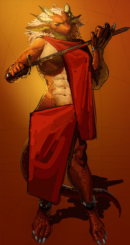 abs anthro athletic bottomwear claws clothed clothing female finger_claws horn jewelry long_ears melee_weapon midriff muscular muscular_female orange_body red_eyes shawl skirt solo standing sword toe_claws weapon brothersmiler mythology yvvie_(wsad) dragon mythological_creature mythological_scalie scalie absurd_res hi_res