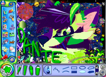 ambiguous_form ambiguous_gender antennae_(anatomy) art_program_in_frame black_hair black_nose black_sclera black_teeth fangs fur green_body green_eyes green_fur grin hair pink_inner_ear smile snout solo teeth text jaspering kidpix_(copyright) alien canid canine mammal 2025 character_name digital_media_(artwork) kidpix_(artwork) nonbinary_(lore)