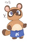 anthro apron blue_apron blue_clothing blue_eyes bodily_fluids brown_body chibi clothing kemono simple_background solo sweat text white_background tinntira animal_crossing nintendo tom_nook_(animal_crossing) canid canine mammal raccoon_dog tanuki 2022 hi_res japanese_text