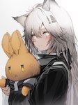 5_fingers blush clothed clothing female female_humanoid fingers fluffy fluffy_ears fur grey_body grey_fur grey_hair hair holding_object long_hair looking_at_viewer multicolored_hair plushie simple_background smile smiling_at_viewer solo text white_background white_body white_eyes white_fur white_hair tabhead arknights hypergryph studio_montagne lappland_(arknights) animal_humanoid canid canid_humanoid canine canine_humanoid humanoid mammal mammal_humanoid wolf_humanoid 2021 absurd_res digital_media_(artwork) english_text hi_res translated_description