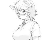 aloof anthro big_breasts breasts clothed clothing eyewear female fur glasses hair kemono meganekko necktie school_uniform short_hair simple_background solo uniform kikurage canid canine canis domestic_dog mammal black_and_white monochrome