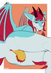 anthro anus ball_tuft balls blue_body blue_fur feathers fur genitals hair horn looking_at_viewer male red_hair solo tuft wings yellow_balls yellow_eyes oreobird mythology luvdragon_(luvdragon) dragon mythological_creature mythological_scalie scalie hi_res