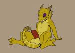 alternate_species anthro balls barefoot biped chimpyevans erection excited feet genitals grin horn humanoid_genitalia humanoid_penis kobold korichi looking_at_genitalia looking_at_penis male no_sclera nude penis purple_eyes reclining red_penis scalie smile solo spines spread_toes toes yellow_balls