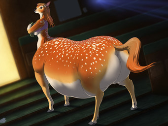 belly big_belly big_butt butt clothing female fur inside looking_back orange_body orange_fur overweight purple_clothing purple_shirt purple_topwear rear_view shirt solo topwear meanybeany deer deer_taur mammal mammal_taur taur 2021