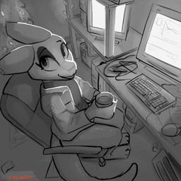 anthro chair christmas_tree clothed clothing computer_keyboard container cup desk electronics fully_clothed furniture high-angle_view holding_container holding_cup holding_object holidays horn keyboard light looking_at_viewer monitor office_chair plant sitting solo table tail tree enginetrap christmas european_mythology mythology silverlay_(enginetrap) dragon mythological_creature mythological_scalie scalie western_dragon 1:1 2020 absurd_res digital_media_(artwork) greyscale hi_res lighting monochrome shaded signature