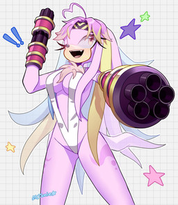 accessory aiming_at_viewer aiming_weapon anthro checkered checkered_background clothing exclamation_point female gatling_gun gun gun_arm hair headband long_hair machine_gun minigun mostly_nude neck_tuft pattern_background pink_body pink_eyes pink_hair ranged_weapon simple_background solo star star_polygon topwear tuft weapon weapon_arm txmie sega sonic_the_hedgehog_(series) pastel_velatis velatis_ferio_caedo echidna mammal monotreme watermark