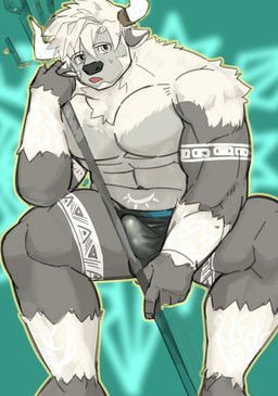 abs anthro arm_tattoo biceps briefs clothing erection fur grey_eyes grinding_on_pole hair horn leg_tattoo male muscular muscular_arms muscular_male navel open_mouth pecs pubic_tattoo sitting solo spread_legs spreading staff tattoo tenting thong underwear white_body white_fur white_hair ononokomachiimo lifewonders tokyo_afterschool_summoners bigfoot_(tas) bovid bovine cattle mammal hi_res