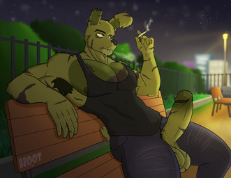 anthro armpit_hair balls bench body_hair bottomwear cigarette clothed clothing denim denim_bottomwear denim_clothing erection fur genitals hair jeans male muscular muscular_anthro muscular_male night nipples outside pants park park_bench pecs penis penis_poking_out penis_through_fly pubes scar shirt smoke smoking solo tank_top topwear dg254 five_nights_at_freddy's five_nights_at_freddy's_3 scottgames springdad_(dg254) springtrap_(fnaf) humanoid lagomorph leporid mammal rabbit absurd_res digital_media_(artwork) hi_res