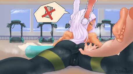 animal_ears big_butt bottomwear butt butt_grab camel_toe clothed clothing dark_body dark_skin disembodied_hand eyelashes feet female fur genitals green_bottomwear green_clothing green_pants gym hair hand_on_butt inner_ear_fluff long_hair looking_at_viewer looking_back looking_back_at_viewer lying on_front open_mouth pants rear_view red_eyes solo speech_bubble spread_vulva spreading tan_body tan_skin thick_thighs topless tuft vulva white_body white_fur white_hair wide_hips arrax my_hero_academia rumi_usagiyama animal_humanoid humanoid lagomorph lagomorph_humanoid leporid_humanoid mammal mammal_humanoid rabbit_humanoid