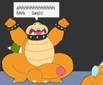 angry anthro balls crouching dialogue duo eyewear genitals glasses hair male open_mouth orange_body penis red_hair scared screaming shell speech_bubble spikes text slem mario_bros nintendo tails_gets_trolled bowser kamek koopa reptile scalie turtle 2024 english_text