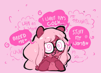 anthro blush breed_me dialogue eyewear eyewear_only female glasses glasses_only impregnation_request mind_control nude open_mouth pink_body round_glasses simple_background smile solo spiral spiral_eyes text wearing_glasses eerieviolet valerie_(shortwings) mammal rodent sciurid tree_squirrel 2021 digital_media_(artwork) english_text