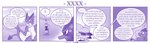 4koma ambiguous_gender anthro base_one_layout braver_(vavacung) clothing comic cross-popping_vein dialogue disaster_dragon dragon duo ellipsis english_text feral four_frame_image hi_res kobold mask melee_weapon monochrome mythological_creature mythological_scalie mythology one_row_layout profanity purple_theme scalie speech_bubble tail text vavacung weapon wings