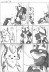 anthro blush duo ellipsis embarrassed female grass male outside plant question_mark text tree drychicken nintendo pokemon generation_1_pokemon generation_4_pokemon lucario pokemon_(species) raichu comic monochrome