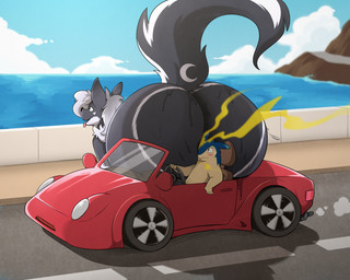 ambiguous_gender anthro big_butt blush bodily_fluids butt butt_focus car driving duo fart fart_fetish fur gassy size_difference stink_fumes sweat sweaty_butt tail tongue tongue_out vehicle rikuaoshi nintendo pokemon riku_(rikuaoshi) wingal generation_2_pokemon generation_3_pokemon hybrid mammal mephitid mightyena pokemon_(species) skunk typhlosion hi_res