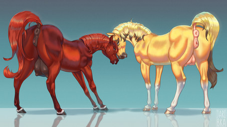 anatomically_correct anatomically_correct_anus anatomically_correct_genitalia anatomically_correct_vulva animal_genitalia animal_vulva anus bedroom_eyes butt duo equine_anus equine_genitalia equine_vulva female female_feral feral fur genitals hooves looking_back narrowed_eyes nipples puffy_anus seductive simple_background smile tail teats vulva jaribka rainstorm_(marefurryfan) raya_de_la_cruz_(whitetail-designs) equid equine horse mammal 16:9 digital_media_(artwork) hi_res widescreen