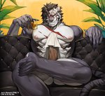 5_fingers abs alcohol anthro beverage claws erection fangs fingers fur glass hair male muscular muscular_male nipples pecs sitting solo tail teeth toe_claws art_uza sdorica yao_(sdorica) felid feline mammal digital_drawing_(artwork) digital_media_(artwork) hi_res