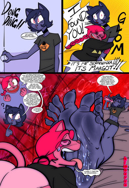 5_toes anthro black_clothing black_shirt black_topwear bottle butt clothed clothed_anthro clothed_female clothing container dialogue drinking duo eyes_closed feet female female/female foot_fetish foot_focus foot_lick fur hair hand_behind_head holding_bottle holding_container holding_object hug hugging_another humanoid_feet hypnosis licking mind_control navel open_mouth open_smile pink_body pink_fur pink_hair pink_nose pink_tongue plantigrade purple_body purple_fur purple_hair question_mark red_eyes saliva_on_foot shirt smile speech_bubble tail talking_to_another teeth text toes tongue topwear kimberco seraphinxa_(kimberco) domestic_cat felid feline felis mammal artist_name comic english_text hi_res