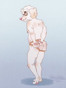 aged_up anthro big_nose blue_background blue_eyes butt butt_tuft chin_tuft clothing eyebrows eyewear facial_hair facial_tuft fur glasses gold_piercing gradient_background hair holding_finger jockstrap looking_back looking_down male mature_male mustache navel nipple_piercing nipples pawpads paws piercing pink_nose rear_view simple_background slightly_chubby small_tail smile smirk solo standing tail tan_body tan_fur thick_eyebrows tuft tuft_ears underwear white_body white_fur mouselect otto_(mouselect) bird_dog canid canine canis domestic_dog golden_retriever hunting_dog mammal retriever 3:4 digital_media_(artwork) digital_painting_(artwork) hi_res painting_(artwork)