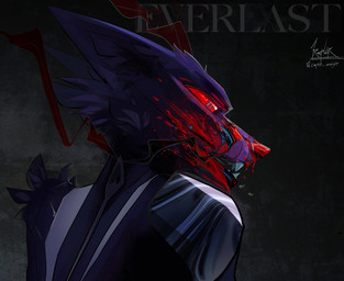 ambiguous_gender anthro arm_tuft blood blood_drip blood_drop blood_drops blood_on_face bodily_fluids breath dripping fangs fur inner_ear_fluff licking licking_lips licking_own_lips open_mouth panting pivoted_ears purple_body purple_fur red_eyes red_nose shoulder_tuft side_view solo teeth tongue tongue_out tuft unusual_eyes c4nis_major canid canine mammal 2024 digital_media_(artwork) hi_res portrait signature