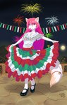 anthro balcony bell bottomwear bow_tie cheerful city city_lights clothed clothing decoration dress fangs female fireworks fluffy fluffy_tail footwear fully_clothed fur hair happy high_heels holding_bottomwear holding_clothing holding_object holding_skirt inner_ear_fluff lipstick long_hair long_tail looking_at_viewer makeup mexican mexican_dress moon mountain night open_mouth pink_eyes pink_hair pink_nose shoes skirt socks solo tail tail_under_skirt teeth tuft white_body white_fur noctibus independence_day_(mexico) artemis_tsukino domestic_cat felid feline felis mammal 2020 absurd_res hi_res