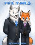 2012 5_fingers abstract_background anthro black_nose black_tie_(suit) blue_eyes book_cover canid canine clothed clothing cover digital_media_(artwork) dipstick_ears duo ear_markings eric_m_deal eyebrows fingers fox fur hand_on_shoulder hands_together inner_ear_fluff looking_at_another looking_at_partner looking_at_viewer mammal multicolored_body multicolored_ears multicolored_fur necktie open_mouth open_smile orange_tail polar_and_vulpie_saga polar_arctic smile standing suit tail teeth text tongue trezhurisland tuft vulpie_vivixen white_body white_fur white_tail