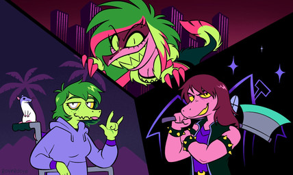 anthro axe clothing eyelashes female freckled_face freckles green_eyes green_hair group hair hoodie long_eyelashes looking_at_viewer sharp_teeth tear_trough teeth topwear trio yellow_eyes roverdosing cavemanon_studios deltarune hazbin_hotel hellaverse i_wani_hug_that_gator undertale_(series) missi_zilla olivia_halford susie_(deltarune) zeezi_(hazbin_hotel) baryonyx demon dinosaur mammal monster murid murine prehistoric_species rat reptile rodent saurischian scalie spinosaurid theropod hi_res