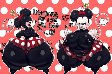 anthro belly big_breasts big_butt black_body blush bottomwear breasts butt clothing dotted_background female flower footwear hat headgear headwear heart_symbol huge_butt huge_thighs hyper hyper_butt hyper_thighs looking_at_viewer looking_back nipples open_mouth pattern_background pie_cut_eyes plant presenting presenting_hindquarters simple_background skirt smile smiling_at_viewer solo tail text thick_thighs thong underwear wide_hips crowundeadcat disney minnie_mouse house_mouse mammal mouse murid murine rodent 2024 digital_media_(artwork) english_text hi_res