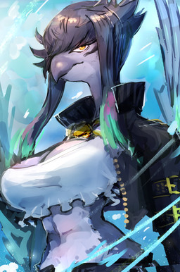 abs abstract_background amber_eyes anthro arm_belt beak belly big_breasts black_beak black_body black_clothing black_feathers black_hair black_jacket black_topwear bottomwear breasts cleavage clothed clothing crop_top exposed_belly facial_markings feathers female hair head_markings jacket jewelry leather leather_clothing leather_jacket leather_topwear markings necklace open_clothing open_jacket open_topwear pants shirt solo topwear white_clothing white_shirt white_topwear wide_hips hatano_kyoshi yu-gi-oh! fur_hire sagitta_maverick_fur_hire avian bird duel_monster 2022 digital_media_(artwork) hi_res