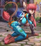 anthro biped blurred_background bodily_fluids breasts clothed clothing female genital_fluids genitals hair kneeling nipple_piercing nipples piercing pink_hair purple_eyes pussy smile solo vaginal_fluids tril-mizzrim blizzard_entertainment overwatch tracer_(overwatch) mammal 2018 digital_media_(artwork) hi_res