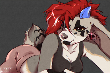 anthro bathing big_ears cloud ears_down facial_markings female fur green_eyes grey_body grey_fur hair head_markings horn long_ears long_hair markings muzzle_(object) open_mouth pivoted_ears red_hair shower showering sky smile solo teeth tongue white_body white_fur yellow_body yellow_fur shyryp shyryp_(character) canid canine canis domestic_dog hybrid mammal absurd_res digital_media_(artwork) hi_res