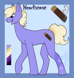 blonde_hair color_swatch cutie_mark feral fur hair incense incense_stick male pupils purple_body purple_eyes purple_fur quadruped side_view solo tail yellow_tail strawberrymilkdog hasbro my_little_pony heartsease_(kaspian) earth_pony equid equine horse mammal pony 2023 hi_res model_sheet