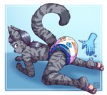 anthro blep blue_eyes butt_slap clean_diaper clothed clothing diaper eyebrows fur grey_body grey_eyebrows grey_fur hair male markings pawpads ponytail simple_background slap solo spanking striped_body striped_fur striped_markings stripes tail tongue tongue_out uhoh wearing_diaper riddlr bambino_diapers mordecai_strand felid feline mammal hi_res