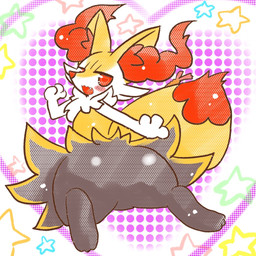 ambiguous_anthro ambiguous_gender anthro biped blush blush_lines blush_stickers butt cute_fangs digitigrade dipstick_tail facial_tuft fangs food heart_symbol looking_at_viewer looking_back looking_back_at_viewer markings object_in_tail open_:3 open_mouth rear_view shrimp_(food) snout solo star_polygon tail tail_markings teeth tuft annyui0611 nintendo pokemon braixen canid generation_6_pokemon mammal pokemon_(species) 1:1 2022 digital_drawing_(artwork) digital_media_(artwork) full-length_portrait japanese_description portrait