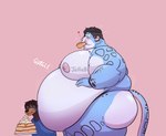 5_fingers anthro belly belly_expansion big_belly big_butt big_cheeks big_moobs big_nipples black_body black_fur black_hair blep bloated blue_body blue_clothing blue_fur blue_shirt blue_t-shirt blue_topwear blush bodily_fluids brown_body brown_fur brown_hair bulge butt chubby_cheeks clothing dairy_products double_chin duo expansion eyes_closed feeding fingers food food_in_mouth fur hair hand_on_belly hand_on_side heart_symbol holding_object huge_belly hyper hyper_belly lidded_eyes looking_down looking_down_at_self looking_pleasured love_handles male moobs motion_lines multicolored_body multicolored_fur nipples obese obese_anthro obese_male one_eye_closed onomatopoeia overweight overweight_anthro overweight_male pancake pink_background pink_inner_ear pink_nipples pink_tongue rumbling_stomach shirt simple_background sound_effects spots stuffing sweat sweatdrop t-shirt text thick_thighs tongue tongue_out topwear two_tone_body two_tone_fur weight_gain whipped_cream white_belly yellow_eyes jeffieb19 jeff_(jeffieb19) pan_(sxfpantera) canid canine canis dobermann domestic_dog felid mammal pantherine pinscher snow_leopard watermark