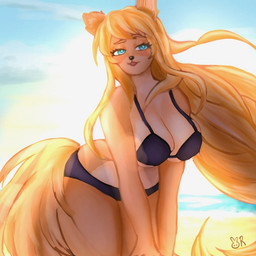 anthro beach bikini bikini_bottom bikini_top blonde_hair blue_eyes clothed clothed_anthro clothed_female clothing eyebrows eyelashes female female_anthro hair open_mouth solo swimwear two-piece_swimsuit white_sclera chocobunbon serinafox 1:1