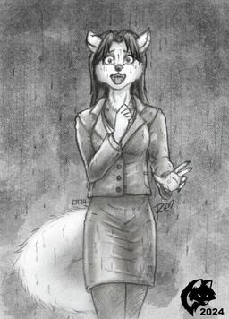 5_fingers anthro bottomwear breasts clothed clothed_anthro clothed_female clothing fangs female fingers fur hair humanoid_hands raining shocked skirt solo teeth tongue ghostwolf sara_kincaide arctic_wolf canid canine canis mammal wolf 2024 signature