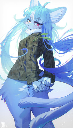 5_fingers ahoge anthro blue_body blue_fur blue_hair blush bottomless bottomless_anthro bottomless_female breasts butt camo camo_clothing camo_print claws clothed clothing crossgender female female_anthro finger_claws fingers fur hair hands_behind_back heterochromia jacket kemono long_hair looking_at_viewer looking_back looking_back_at_viewer mtf_crossgender pattern_clothing small_breasts solo topwear whiskers white_body white_fur aruurara japan_air_self-defense_force omaneko_(jasdf) domestic_cat felid feline felis mammal 2023 digital_media_(artwork) hi_res portrait three-quarter_portrait male_(lore)