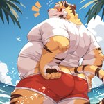 anthro belly big_belly blush bottomwear butt clothing cloud humanoid_hands kemono male musclegut muscular overweight overweight_male palm_tree plant shirt shorts solo swimwear topwear tree tulrang crave_saga boom_(crave_saga) felid mammal pantherine tiger 1:1 2024 hi_res