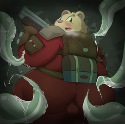 anthro backpack big_butt blush bodily_fluids bulge butt clothed clothing kemono male overweight overweight_male solo sweat tentacles weapon kusosensei deep_rock_galactic ghost_ship_games inigo_(kusosensei) bear mammal 2022 hi_res