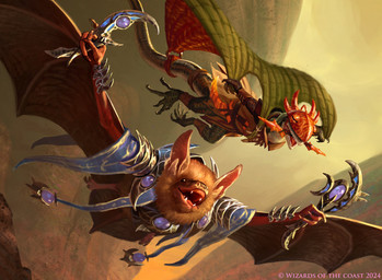 ambiguous_gender anthro armor brown_body brown_fur claws duo flying fur glider headgear helmet holding_object melee_weapon membrane_(anatomy) membranous_wings object_in_mouth open_mouth smile spread_wings tail weapon wings manuel_castanon hasbro magic:_the_gathering wizards_of_the_coast bat lizard mammal reptile scalie 2024 absurd_res digital_media_(artwork) hi_res official_art