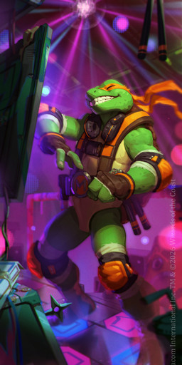 3_fingers anthro belt clothing disco_ball electronics fingerless_gloves fingers gloves green_body handwear headgear headphones headset male melee_weapon nunchaku orange_clothing smile solo standing weapon gabriel_rubio bemani dance_dance_revolution hasbro konami magic:_the_gathering teenage_mutant_ninja_turtles wizards_of_the_coast michelangelo_(tmnt) reptile scalie turtle 2026 absurd_res digital_media_(artwork) hi_res official_art