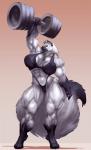 abs anthro barbell big_breasts breasts feet female muscular muscular_anthro muscular_female pecs pecs_with_breasts solo tail b9tribeca iridium canid canine canis mammal wolf hi_res