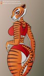 anthro big_butt bikini breasts butt clothing female fur solo striped_body striped_fur stripes swimwear tail text two-piece_swimsuit wide_hips lazydynamisme calvin_klein dreamworks kung_fu_panda master_tigress felid mammal pantherine tiger absurd_res hi_res url